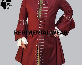 Red Wool Frock Coat: Handmade 17th Century Style Military Jacket
