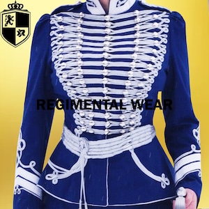 Chaqueta estilo húsar para mujer, chaqueta militar de húsar, chaqueta de húsar de moda, chaqueta de húsar de disfraz, chaqueta militar de lana azul y trenza plateada