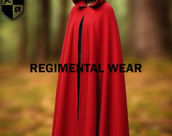 Renaissance Cloak : Viking Cosplay Hooded Medieval Red Wool Full Circle Cloak