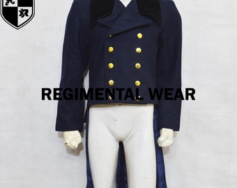 Navy Blue Wool Regency Tailcoat: Victorian Bridgerton Style