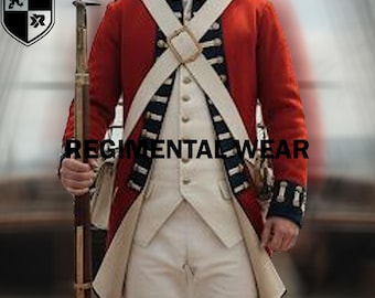May include: A red regimental jacket with white cross straps, a white vest, and white pants. The jacket has navy blue trim and gold buttons. The image includes the text "REGIMENTAL WEAR" and a crest logo.