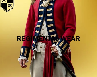 May include: A red military jacket with gold and blue trim, worn with a white shirt and a red sash. The jacket has a high collar and a row of gold buttons down the front. The text "REGIMENTAL WEAR" is visible in the image.