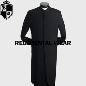May include: A black, long-sleeved coat with a mandarin collar and button-down front. The coat has a tailored fit and is labeled "REGIMENTAL WEAR" in bold, black text. A crest logo is in the upper left corner.