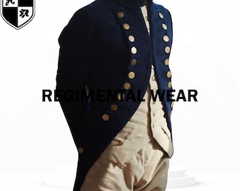 May include: A navy blue regimental jacket with gold buttons. The jacket has a high collar and is paired with a cream-colored vest and pants. The text "REGIMENTAL WEAR" is displayed.