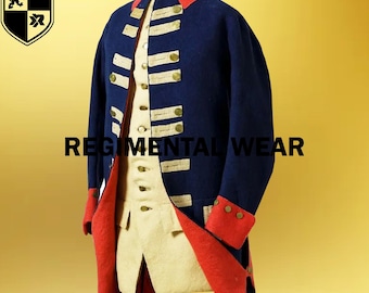 May include: A dark blue military-style coat with red collar and cuffs, worn over a cream-colored vest. The coat features horizontal white trim accents and brass-colored buttons. The text REGIMENTAL WEAR is visible across the center of the image.