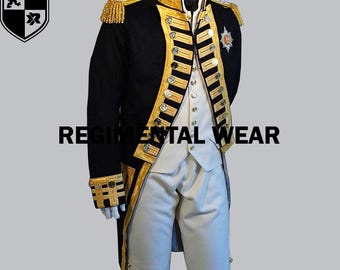 Men Vice Admiral Uniform, Navy Military Jacket, Commander Uniform, Naval Captain Uniform, Handmade Black Wool Tail Coat By Regimental Wears