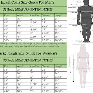 May include: A chart with a size guide for jackets and coats. The chart includes measurements for chest, waist, shoulder, sleeves, and length in inches. The chart is divided into two sections, one for men and one for women.