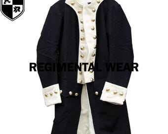 May include: A black and white regimental coat with gold buttons and white cuffs. The coat has a white collar and lapel. The text "REGIMENTAL WEAR" is printed across the bottom of the coat.