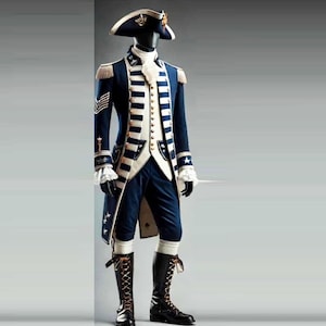 May include: A navy blue and white military-style uniform with gold accents, including a jacket, vest, and breeches. The jacket features gold epaulets, stripes, and star details. The outfit is completed with a tricorn hat and black boots.
