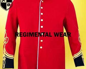 May include: A red military jacket with gold trim and white piping. The jacket has a stand-up collar and a row of gold buttons down the front. The sleeves have gold braid and black cuffs. The text "REGIMENTAL WEAR" is printed on the front of the jacket.