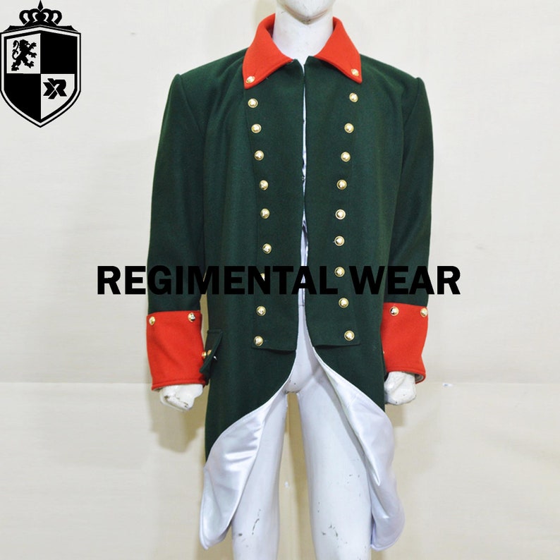 Military Jacket
Handmade jacket
Reenactment Uniform
Revolution uniform
18th Century Uniform
British Uniform
Soldier Costume
Colonial Uniform
Officers uniform
Militia uniform

Regiment Jacket 
Revolutionary War Coat
Royal Regimental Jacket
Royal Marine Jacket 
The American Continental Army often wore green coats with different colored facings, though many soldiers, especially militia, wore simple 
hunting shirts made from homespun fabric. Uniforms were often inconsistent due to supply shortages.