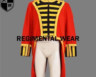 May include: A red, black, and gold military-style jacket with a tailcoat. The jacket has a high collar and gold trim. The text "REGIMENTAL WEAR" is printed on the jacket.