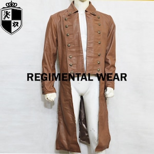May include: A brown leather coat with multiple brass buttons and a long, tailored design. The coat features a double-breasted front and a high collar. The text "REGIMENTAL WEAR" is printed in black across the bottom of the coat.