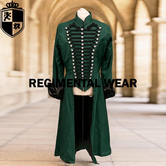 Jaqueta masculina steampunk de lã verde: casaco gótico militar