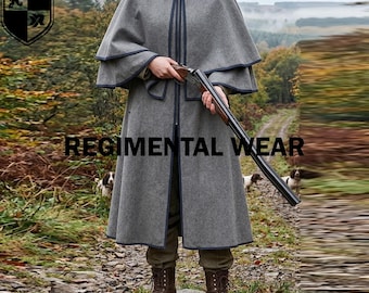 Gray Victorian-Style Inverness Wool Cape Coat : Hunting Cape Shooting Cloak