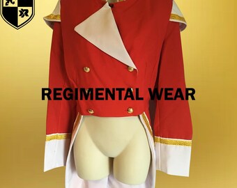 May include: A red and white military-style jacket with gold trim and buttons. The jacket has a high collar and a long tail. The text "REGIMENTAL WEAR" is printed on the front of the jacket.