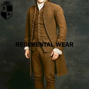 May include: A brown three-piece suit with a long coat, vest, and trousers. The suit has a high collar and button details. The sleeves of the shirt underneath are visible at the cuffs. The text "REGIMENTAL WEAR" is printed on the image.