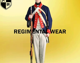 May include: A man in a blue and red uniform with a white hat and a musket. He is wearing a white belt and a white sash. The text "REGIMENTALWEAR" is visible in the image.