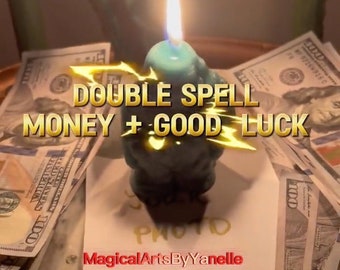 Puede incluir: Una vela encendida de color turquesa con el texto "DOUBLE SPELL MONEY + GOOD LUCK" se encuentra sobre una superficie blanca, rodeada de billetes de 100 dólares estadounidenses. También es visible el texto "MagicalArtsByYanelle". La imagen sugiere un tema de espiritualidad o ritual.