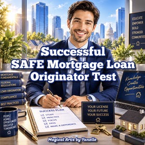 May include: A desk with a stack of books titled Mortgage Fundamentals, Federal Regulations, Loan Origination, Compliance, and Best Practices. A Success Plan notebook, a blue mug with text, a laptop, a house model, and a sign reading Your License Your Future Your Success.