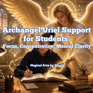 May include: A digital illustration featuring a student writing in a book with a glowing Archangel Uriel standing behind them. The text reads Archangel Uriel Support for Students' Focus, Concentration, Mental Clarity and Magical Arts by Yanelle.