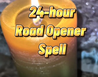 May include: A lit, two-toned candle with the text "24-hour Road Opener Spell" in a gold and white font. The candle is yellow and green, with a flame at the top. The text "MagicalArtsByYanelle" is at the bottom.