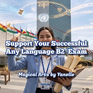 Peut inclure: Un blazer bleu clair porté sur une chemise blanche avec un cordon bleu et un badge d'identification. La personne tient un parchemin roulé et un livre ouvert. Le texte indique : Support Your Successful Any Language B2 Exam et Magical Arts by Yanelle.