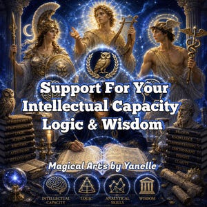 May include: A digital illustration featuring three mythological figures above a person writing in a book. Text reads: Support For Your Intellectual Capacity Logic & Wisdom, and Magical Arts by Yanelle. Includes stacks of books, an owl, and icons.
