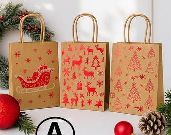 Bolsas de regalo navideñas Kraft, estampadas con asas, paquete de 3 unidades con 2 juegos