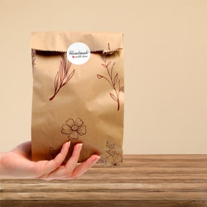 Sacola Kraft Ecológica para Biscoitos e Pães - Sacola Kraft Biodegradável com Design de Flor Encantador - Linda Sacola de Papel com Padrão de Flor para Presente