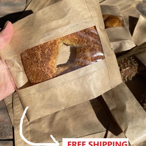 Sacchetto di carta Kraft con FINESTRA TRASPARENTE - Sacchetto per imballaggio da forno ecologico per biscotti, pane, panini, pasta madre, baguette, pasticcini, 25 pezzi