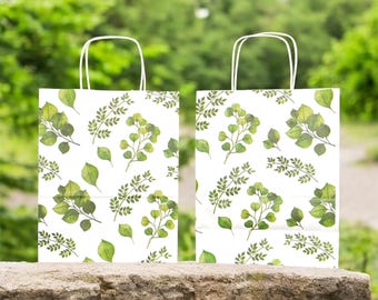 White Kraft Paper Bag with Watercolor Greenery Print , Wedding Favor Bag