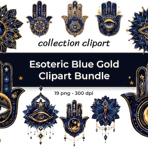 Könnte beinhalten: Eine Sammlung esoterischer Cliparts in Blau und Gold. Das Bild zeigt verschiedene Designs, darunter Hamsa-Hände, Augen und florale Motive. Der Text "collection clipart" und "Esoteric Blue Gold Clipart Bundle" sind ebenfalls vorhanden.