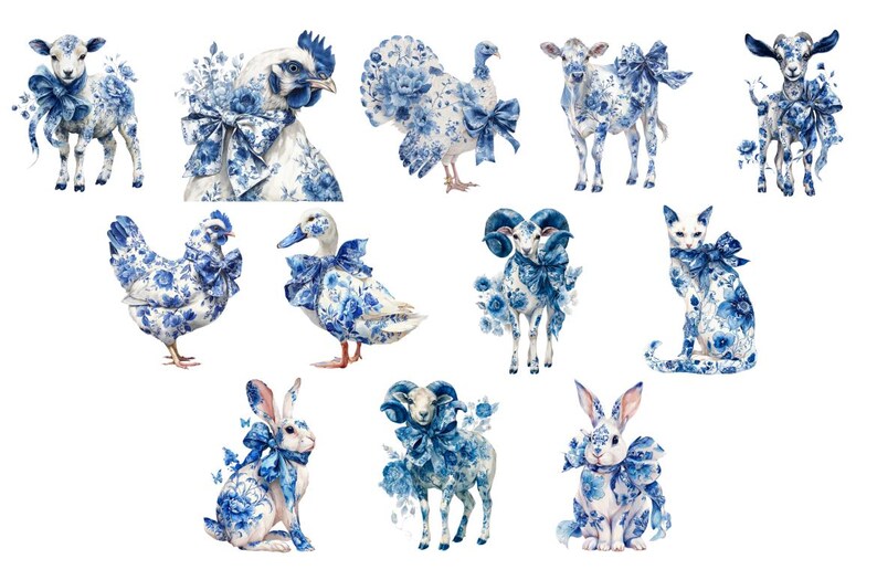 Blue Delft Porcelain Animal Clipart – Vintage Floral PNG Bundle ...