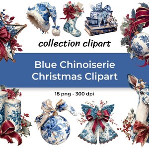 May include: A collection of blue and white Chinoiserie Christmas clipart. The image features a star, Santa hat, stocking, gifts, wreath, candles, ornaments, bells, and a deer, all with floral designs and red bows. Text reads "collection clipart" and "Blue Chinoiserie Christmas Clipart".