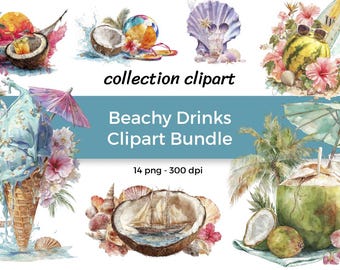Watercolor Whimsical Summer: coastal decor Tropical Cocktails, Fruits (PNG, 300 DPI) (Digital Download)