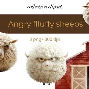 May include: Three fluffy white sheep with angry expressions. The sheep are isolated on a white background.