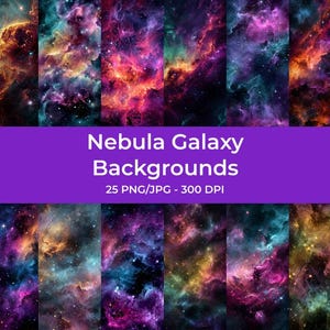 May include: A collection of vibrant nebula galaxy backgrounds in shades of blue, purple, orange, and teal. The image includes a purple banner with the text "Nebula Galaxy Backgrounds" and details about the file format and resolution.