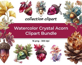 Autumn Watercolor Crystal Clipart Bundle: Magical  Fantasy Forest PNG. Woodland  (Digital Download)