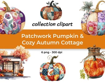 Pacchetto di clipart di zucche patchwork – Accogliente casetta autunnale e zucche autunnali trapuntate - 6 PNG 300 DPI