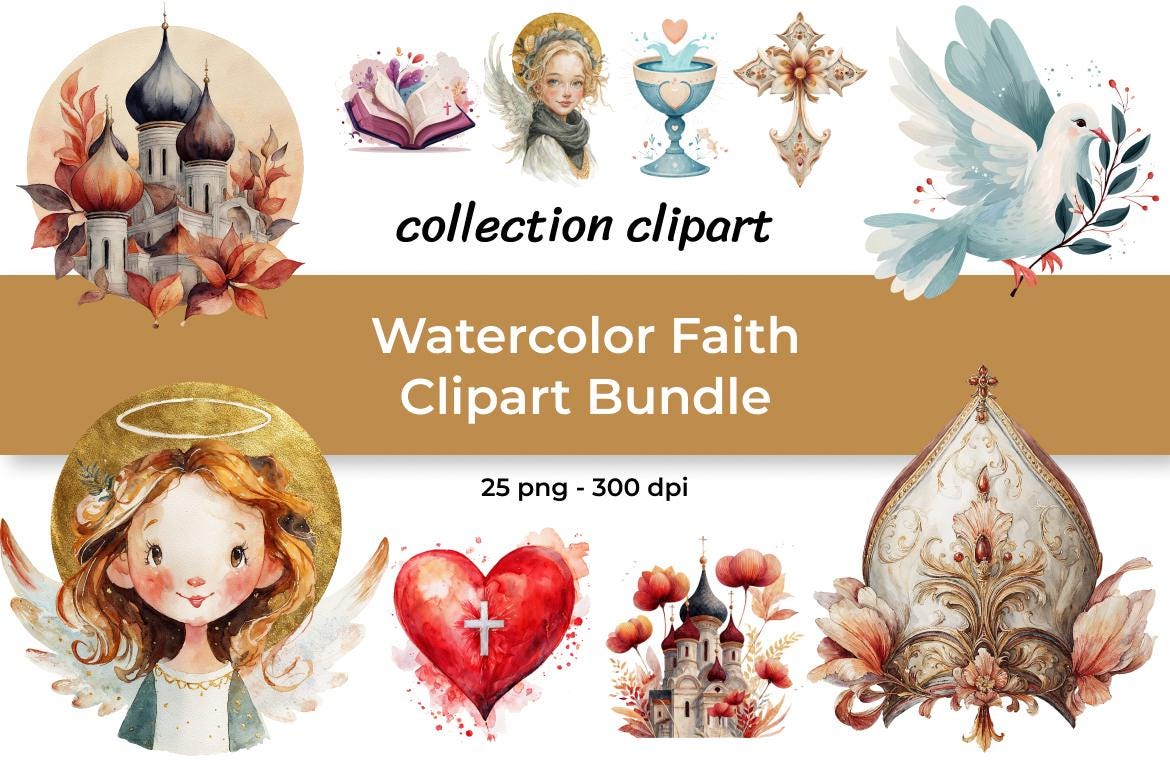 Watercolor Christian Clipart Bundle – Church, Bible, Dove (25 PNG, 300 ...