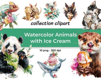 Aquarell Tiere Eis Clipart - Sommer Dessert PNG Bundle