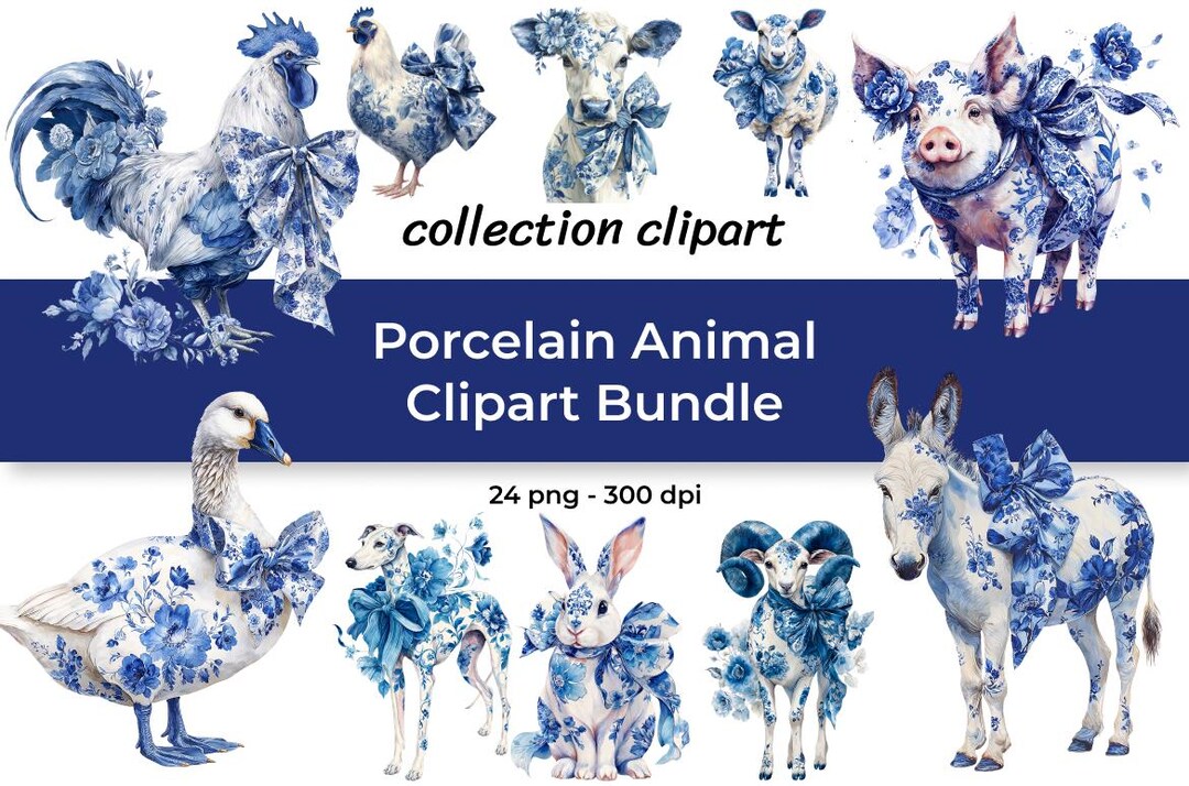 Blue Delft Porcelain Animal Clipart – Vintage Floral PNG Bundle ...