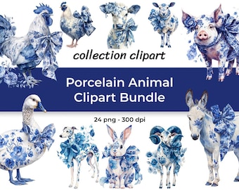 Blue Delft Porcelain Animal Clipart – Vintage Floral PNG Bundle (Digital Download)