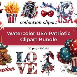 Może przedstawiać: Pakiet clipartów patriotycznych USA w akwareli z różnymi ilustracjami patriotycznymi. Zawiera lamę w okularach przeciwsłonecznych, szopa pracza z napojem, wiśnie, delfina, burgera i balony. Widoczne są również słowa "collection clipart", "USA", "Eat freedom" i "LOVE".