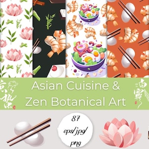 Puede incluir: Un conjunto de 87 patrones digitales sin costuras que presentan cocina asiática y arte botánico zen. Los patrones incluyen imágenes de camarones, flores de loto, bambú, palillos y cuencos de comida. El texto "Cocina asiática y arte botánico zen" se muestra en el centro de la imagen.
