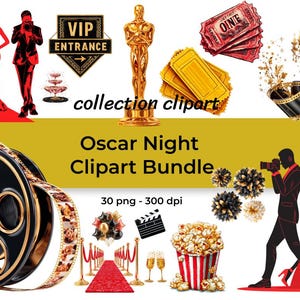Puede incluir: Paquete de imágenes prediseñadas de la Noche de los Oscar con carretes de película, alfombra roja, letrero de entrada VIP, estatuilla dorada, entradas y siluetas. Incluye palomitas de maíz, champán y elementos decorativos.