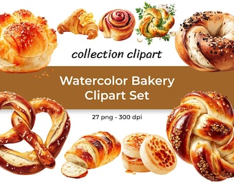Watercolor Bakery Clipart Set - Pastry, Bread, Donuts, Croissants & Sweets - 27 PNG 300 DPI