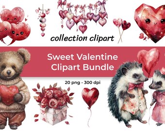 Valentine Clipart Bundle: Watercolor Roses, Hearts, Teddy Bear (PNG Digital Download)