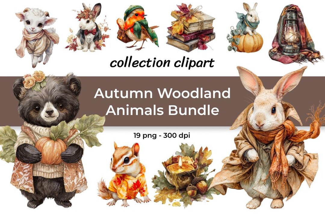 Autumn Woodland Animals Clipart Bundle - Watercolor Bunny & Forest ...